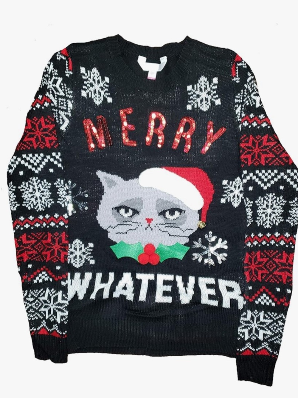 Black 'Merry Whatever' Grumpy Cat Snowflake Holiday Ugly Christmas Sweater Sz XL